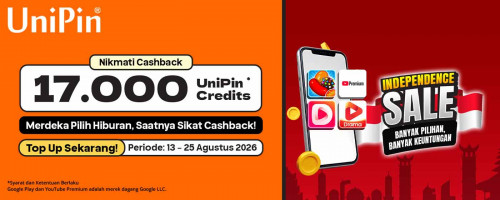 Independence Sale UniPin: Nikmati Cashback hingga 17.000 UniPin Credits untuk Google Play!
